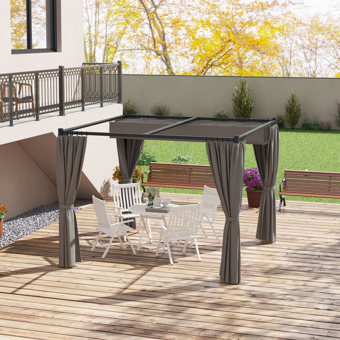 Outsunny 3 x 3(m) Retractable Pergola, Garden Gazebo Shelter with Curtains, for Grill, Patio, Deck, Light Grey