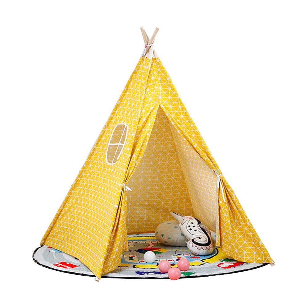 Indoor Kids Play Tent Yellow Grid Teepee Tent Fabric Spire Play House