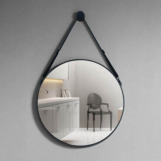 Retro Round Hanging Mirror with Adjustable Leather Strap