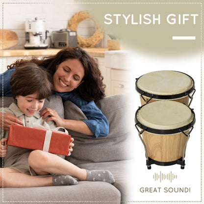 Wooden Bongo Drum Set w/ Sheepskin Drum Head, Percussion Instrument, Φ7.75" & Φ7" Drums, for Kids Adults, w/ Tuning Wrench