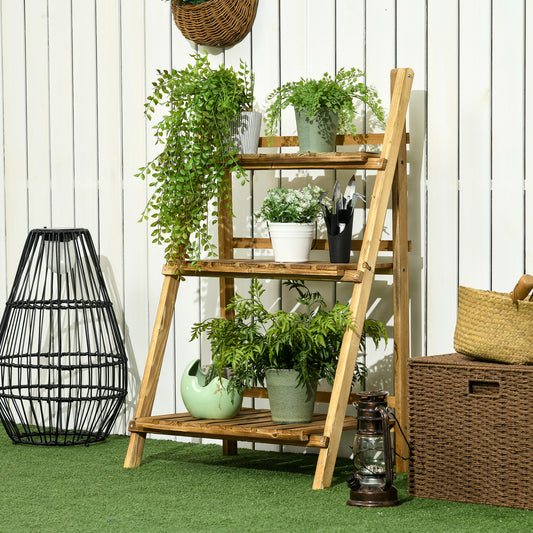 Outsunny Drewniany składany stojak na doniczki 3-poziomowy, drabina ogrodowa, półki do przechowywania, stojak na zioła (60L x 37W x 93H cm)