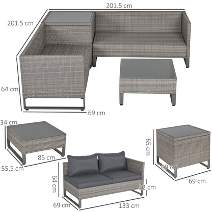 Outsunny 4-Seater PE Rattan Sofa Set Wicker Garden Furniture في الهواء الطلق أثاث الحديقة الشتوية طاولة القهوة مع صندوق تخزين جانبي ووسادة، رمادي