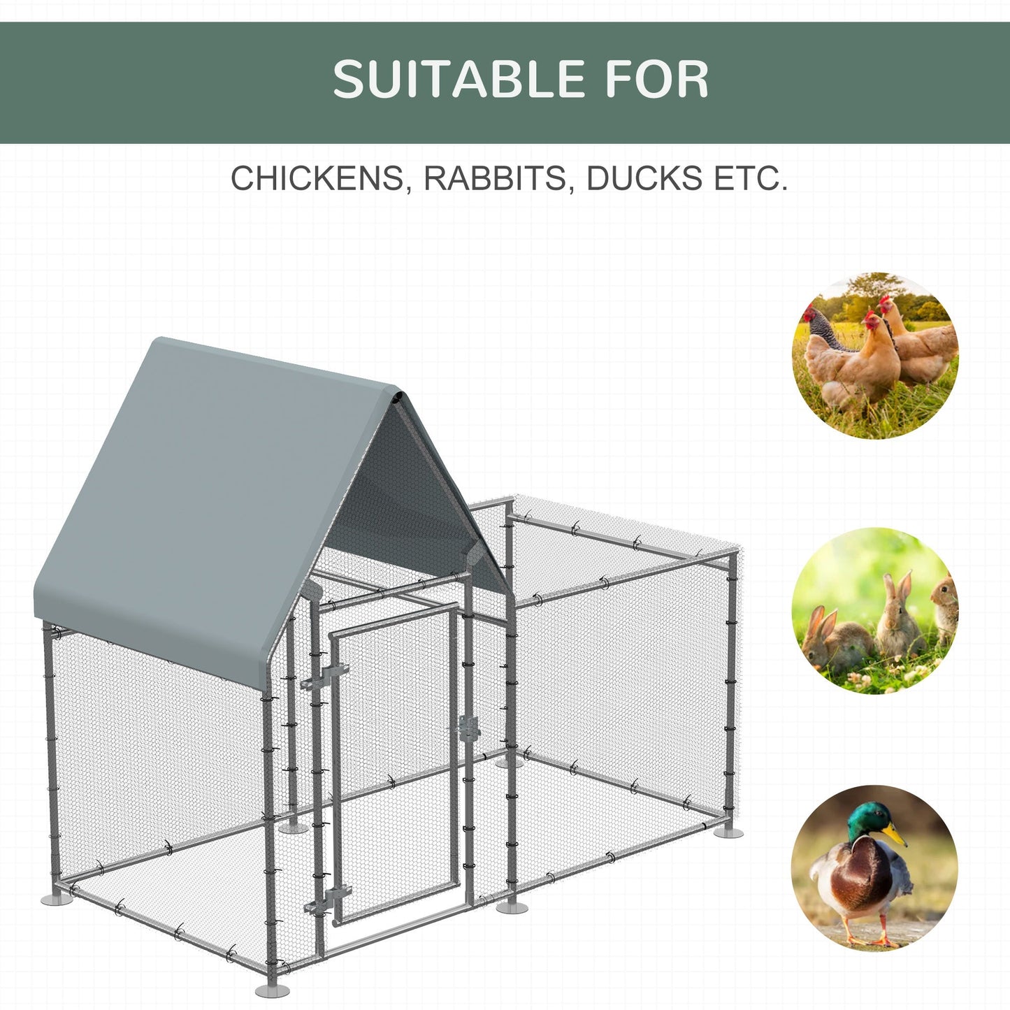 PawHut Walk In Chicken Run، حظيرة دجاج كبيرة مجلفنة، قفص دجاج للدواجن، قفص معدني للأرانب مع غطاء مقاوم للماء لمزرعة الفناء الخلفي الخارجية، غطاء 200 × 105 × 172 سم، 2 1 1.7 م