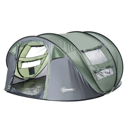 Outsunny 4-5 Person Pop-up Camping Tent Waterproof Family Tent w/ 2 Mesh Windows & PVC Windows Portable Carry Bag for Outdoor Trip, Dark Green