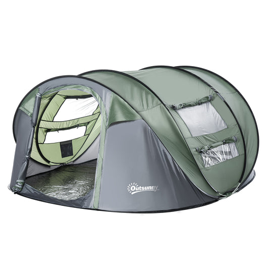 Outsunny 4-5 Person Pop-up Camping Tent Waterproof Family Tent w/ 2 Mesh Windows & PVC Windows Portable Carry Bag for Outdoor Trip, Dark Green