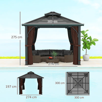 Outsunny 3 x 3(m) Hardtop Gazebo Canopy z 7mm podwójnym dachem z poliwęglanu, stały pawilon ogrodowy z moskitierą i zasłonami na patio, taras, brązowy