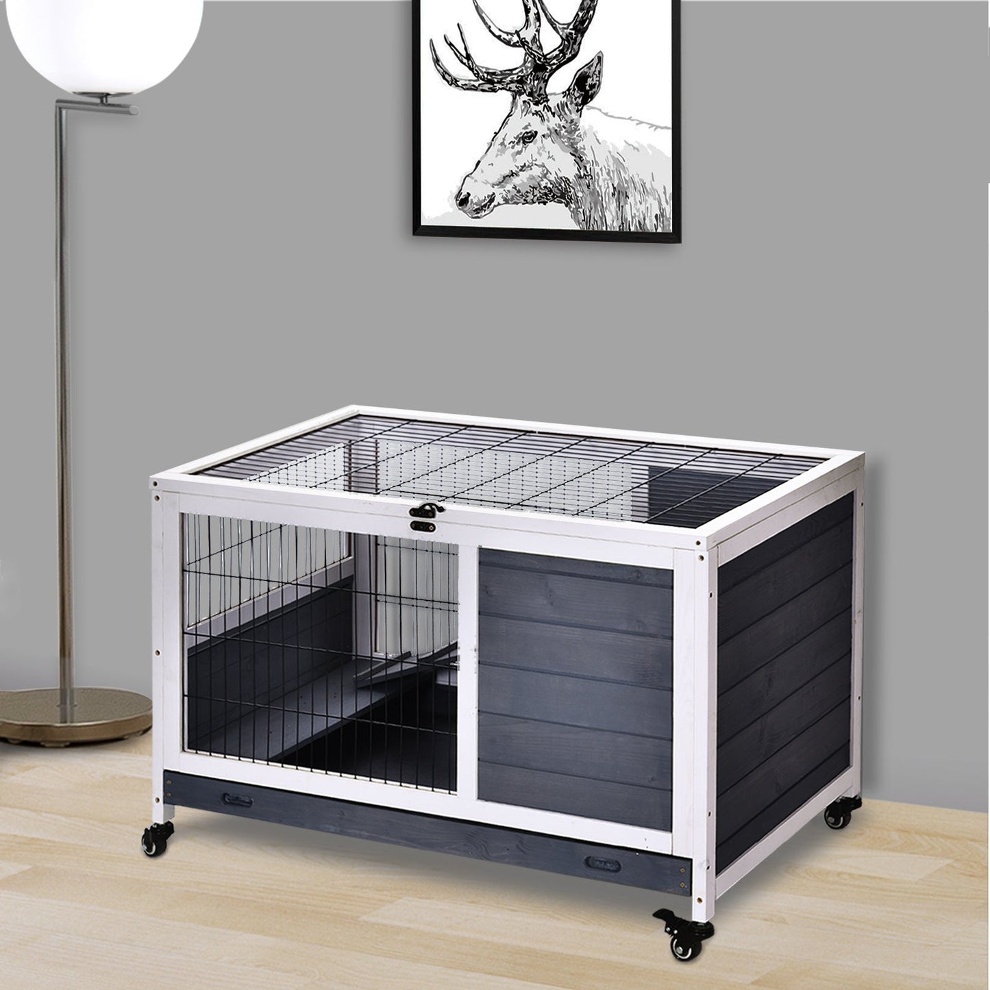 PawHut Rabbit Home Indoor Fir Wood Lift-Top Hutch Grey