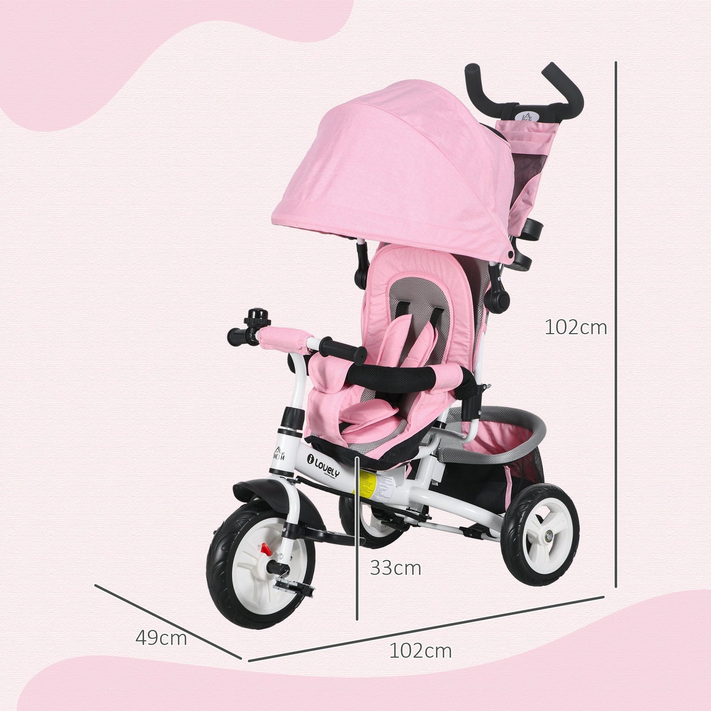 4 in 1 Kids Trike Push Bike w/ Push Handle, Canopy, 5-point Safety Belt, Storage, Footrest, Brake, for 1-5 Years, Pink