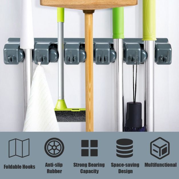 Wall-mounted Mop Holder Hanger with 5 Positions -Dark Gray