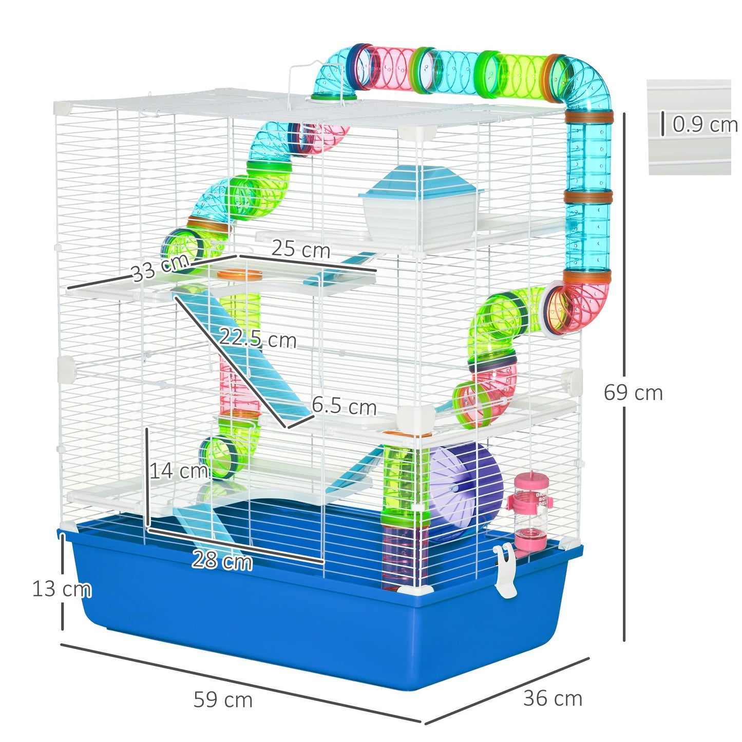 PawHut Hamster Cage with Tunnel Tube System, 5 Level Gerbil Haven with Water Bottle, Exercise Wheel, Food Dish, Ramps 59 cm x 36 cm x 69 cm - Blue