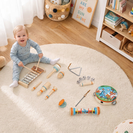 AIYAPLAY Kids Drum Kit, 14 Pieces Wooden Kids Musical Instruments Set with Tone Block, Maracas, Triangle, Xylophone for Toddlers
