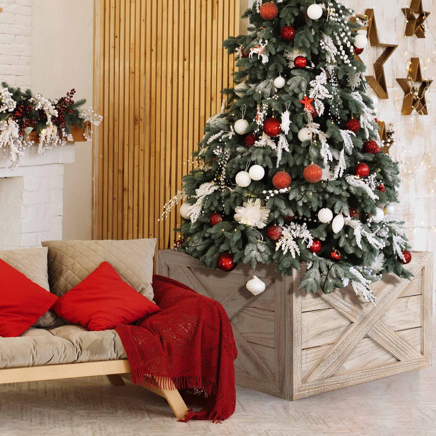 Christmas Tree Box Stand with Hook and Loop Fasteners-Brown-L