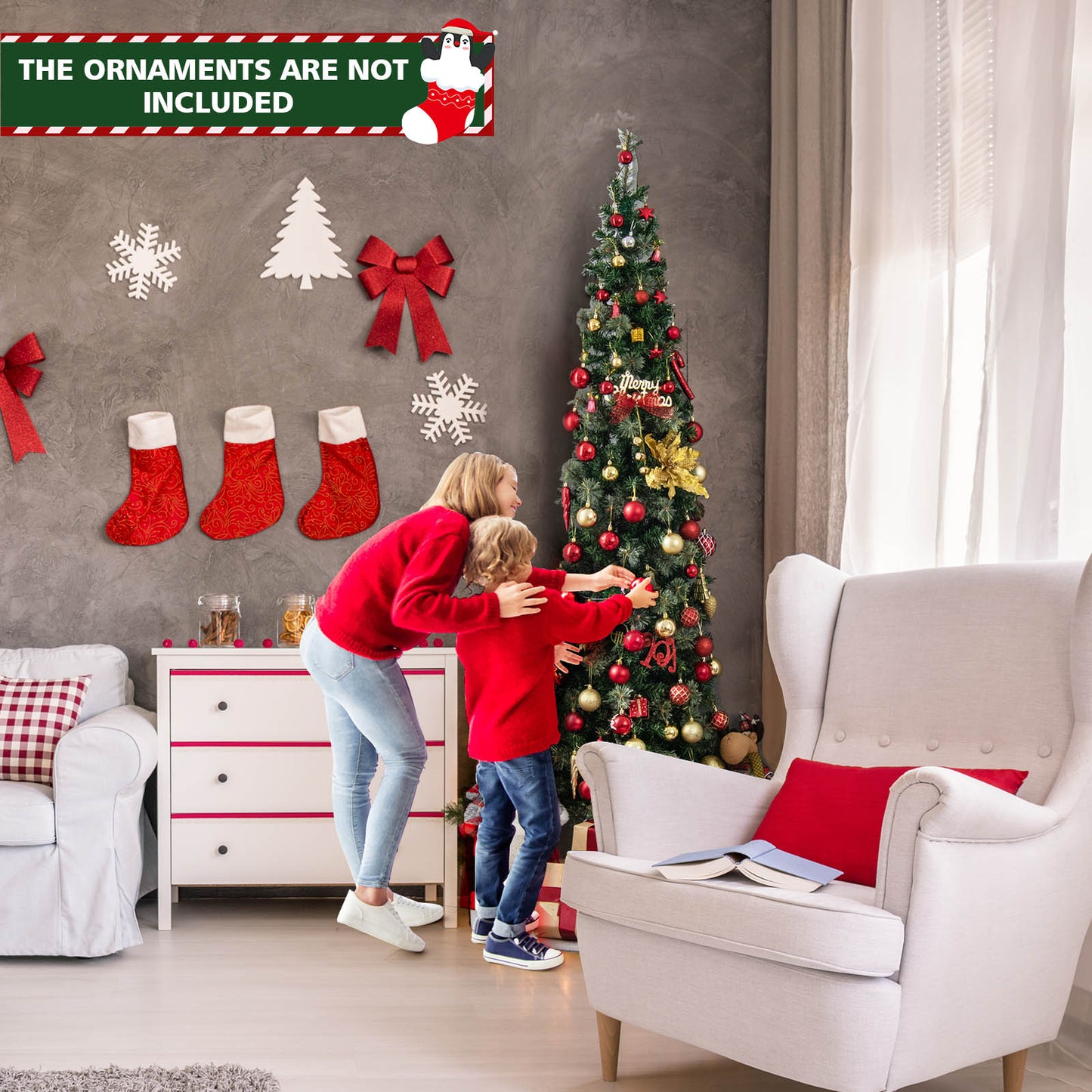 7 FT Pre-Lit Half-Shape Christmas Tree with 403 Branch Tips and 150 LED Lights