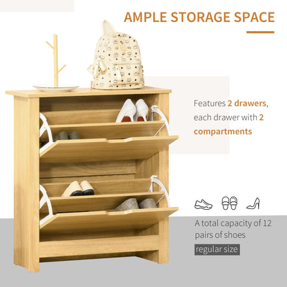 HOMCOM Narrow Shoe Cabinet, Space Saving Shoe Storage Cabinet with 2 Flip Drawers and Adjustable Shelves for 6-12 Pairs of Shoes for Hallways and Living Room, Natural Wood Finish