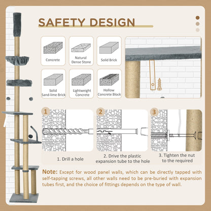 PawHut Floor to Ceiling Cat Tree, 6-Tier Play Tower Climbing Activity Center w/ Scratching Post, Hammock, Adjustable Height 230-250cm, Grey