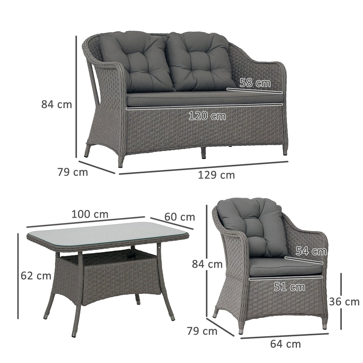 Outsunny Four-Piece Rattan Set, with Glass-Top Table - Light Grey