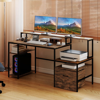 COSTWAY 166CM Computer Desk with Charging Station for Home Office-Rustic Brown