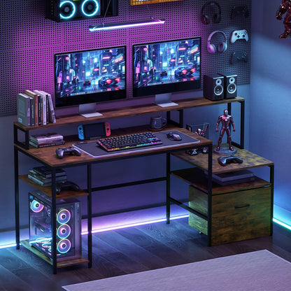 COSTWAY 166CM Computer Desk with Charging Station for Home Office-Rustic Brown