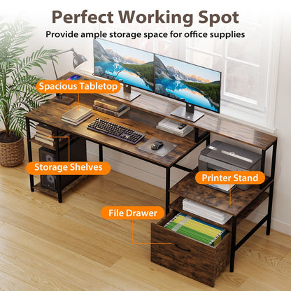 COSTWAY 166CM Computer Desk with Charging Station for Home Office-Rustic Brown