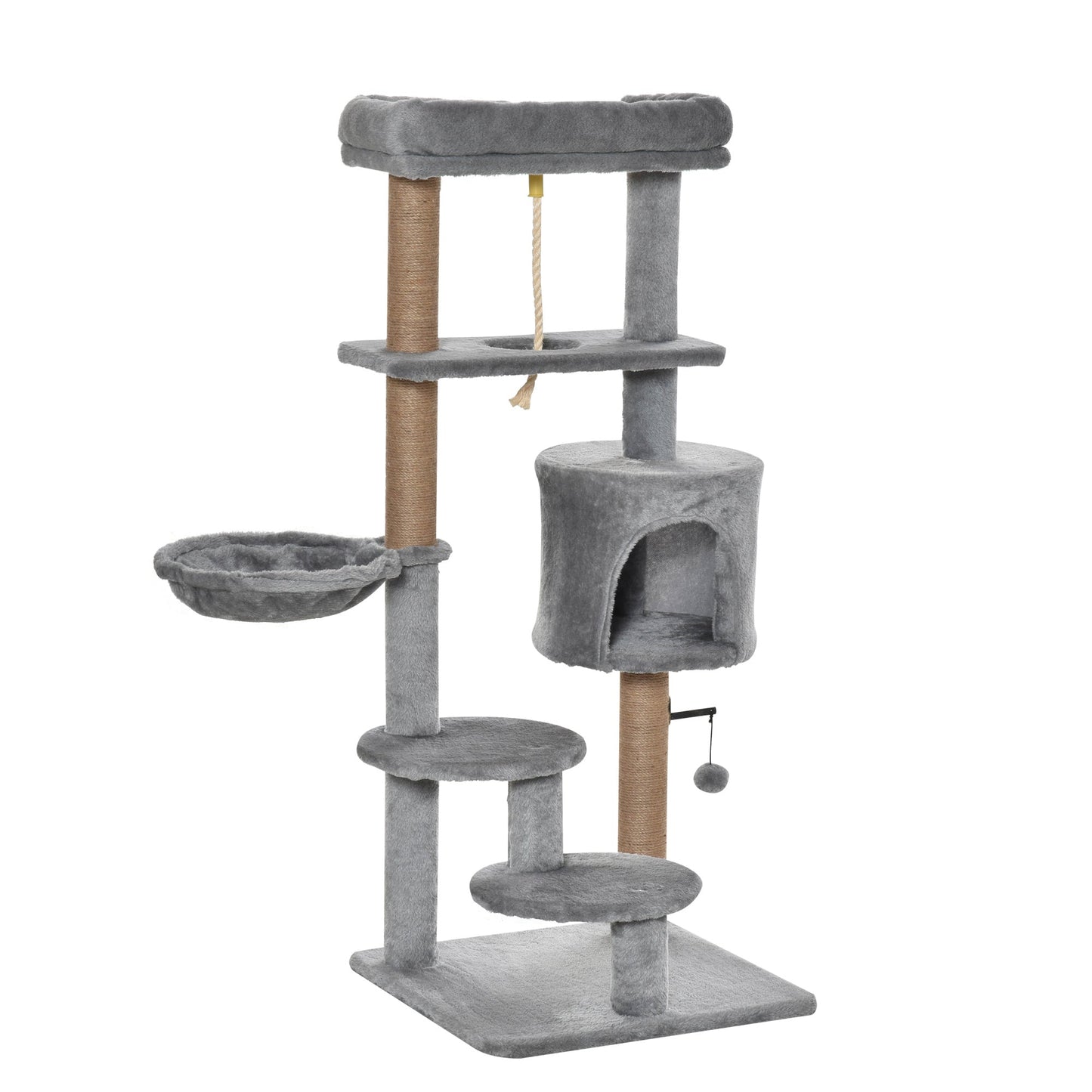 PawHut Cat Tree Cat Scratching Post 120cm with Jute Scratching Post Perch Hanging Ball Hammock Teasing Rope Condo Toy Light Grey