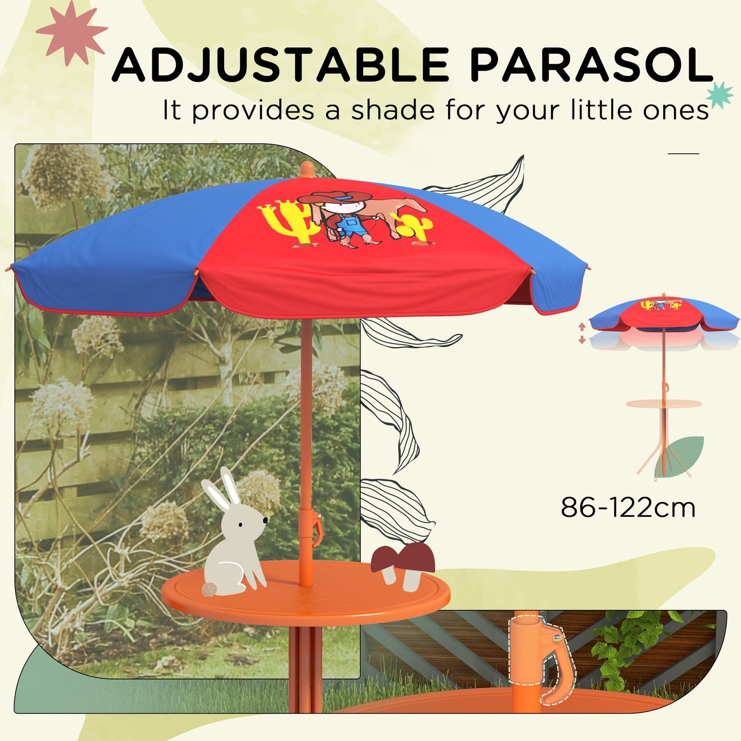 Outsunny Kids Picnic Table and Chair Set Cowboy Themed Outdoor Garden Furniture w/ Foldable Chairs, Adjustable Parasol