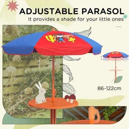 Outsunny Kids Picnic Table and Chair Set Cowboy Themed Outdoor Garden Furniture w/ Foldable Chairs, Adjustable Parasol