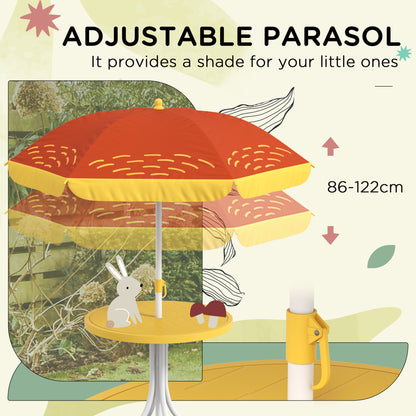 Zestaw piknikowy Outsunny Kids, stół i krzesła, meble ogrodowe z motywem lwa, składane krzesła, regulowany parasol - żółty