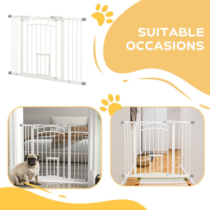 PawHut Pressure Fit Stair Dog Gate z drzwiczkami dla małych kotów, automatycznie zamykane drzwi, podwójna blokada, do otworów o szerokości 74-100 cm - biały