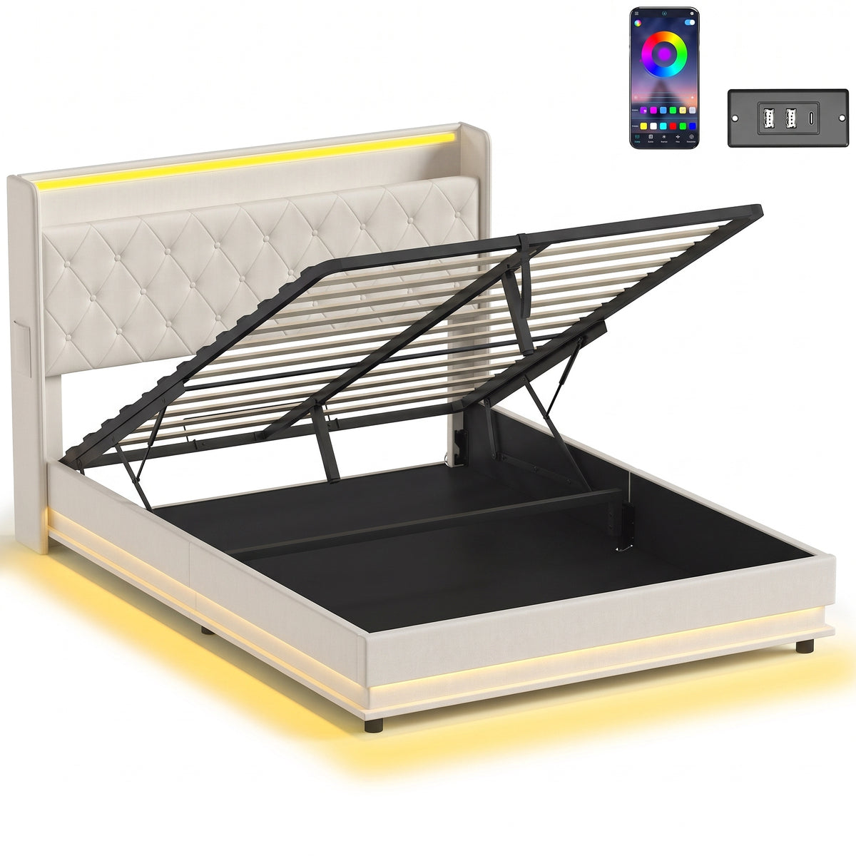 HOMCOM 5ft King Bed Frame with Headboard, Platform Bed Frame with Hydraulic Storage, LED Lights and Charging Station, White