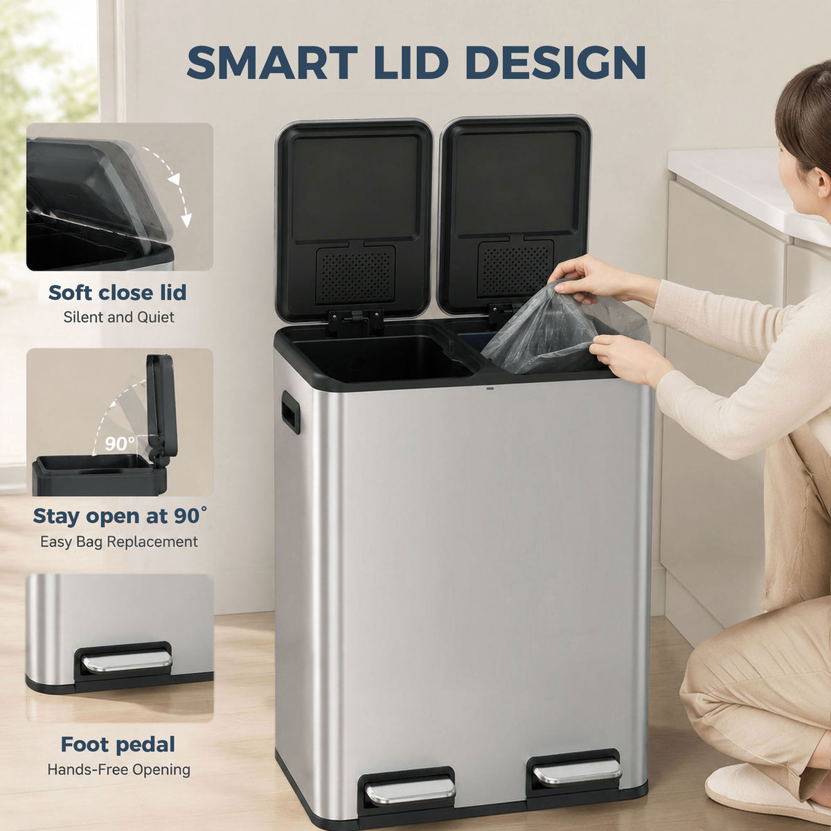 HOMCOM 2 x 30L Double Kitchen Bin, Stainless Steel Pedal Rubbish Bin with Dual Compartments, Soft Close Lids, Silver Tone