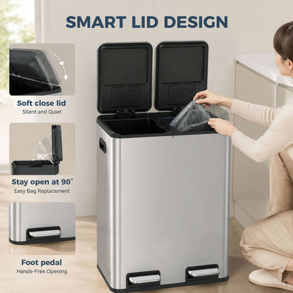 HOMCOM 2 x 30L Double Kitchen Bin, Stainless Steel Pedal Rubbish Bin with Dual Compartments, Soft Close Lids, Silver Tone