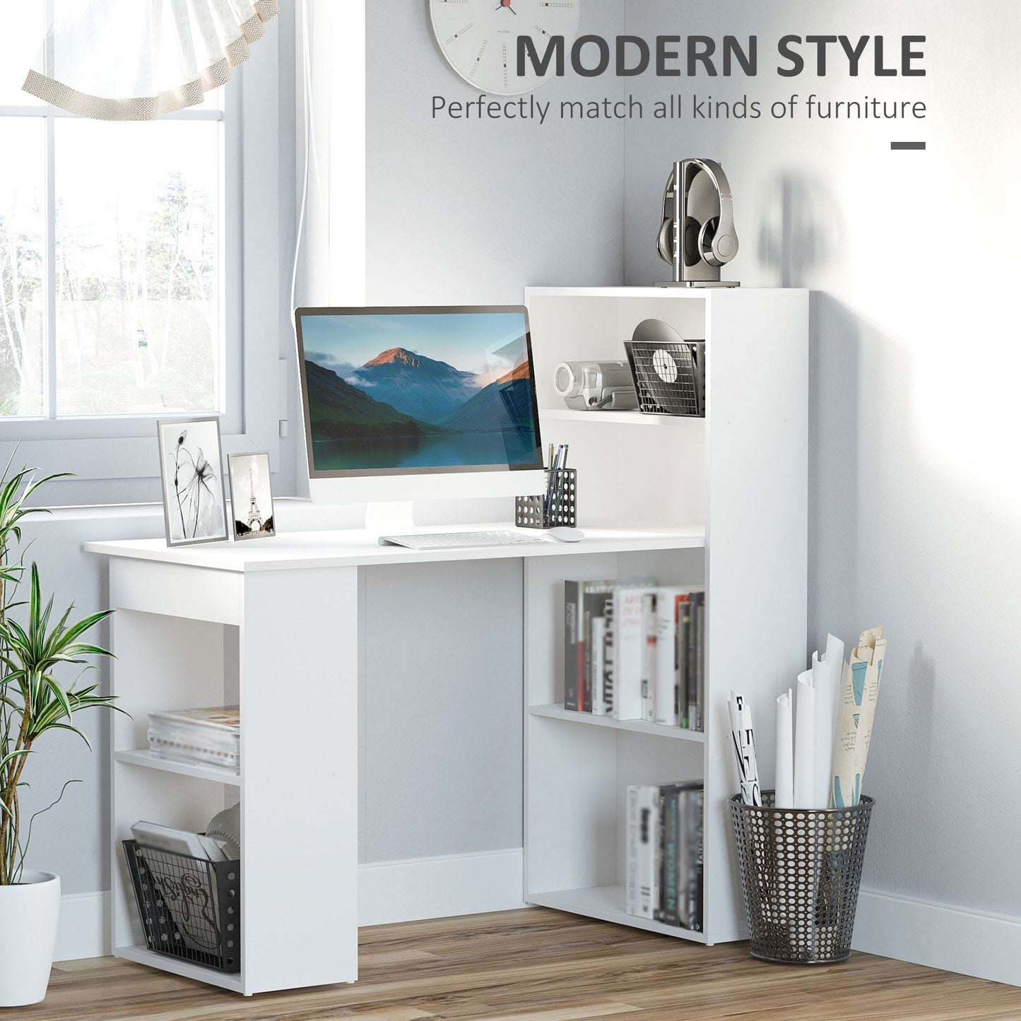 120cm Modern Computer Desk Bookshelf  Writing Table Workstation PC Laptop Study Home Office 6 Shelves White