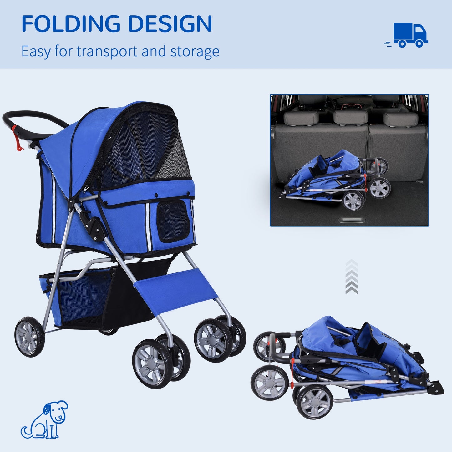 PawHut Dog Stroller with Rain Cover for Small Miniature Dogs, Folding Pet Pram with Cup Holder, Storage Basket, Reflective Strips, Blue