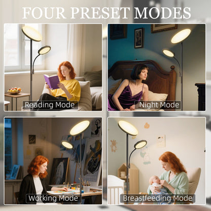 Lampa stojąca HOMCOM LED do salonu, bezstopniowo ściemniana, lampa do czytania dla matki i dziecka, 4 tryby scen, temperatura barwowa 2700K–6500K, 4 poziomy jasności, pilot zdalnego sterowania