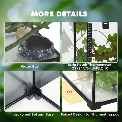 PawHut Glass Reptile Terrarium with Decor Kit, Breeding Tank with Thermometer for Small Animals, 50 x 30 x 25cm, Heated - Black