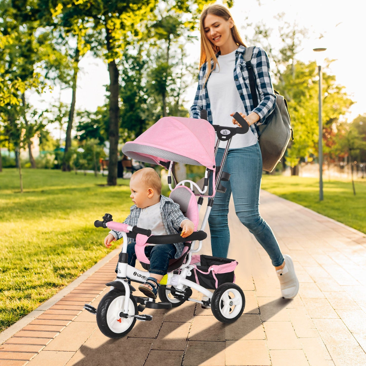 4 in 1 Kids Trike Push Bike w/ Push Handle, Canopy, 5-point Safety Belt, Storage, Footrest, Brake, for 1-5 Years, Pink