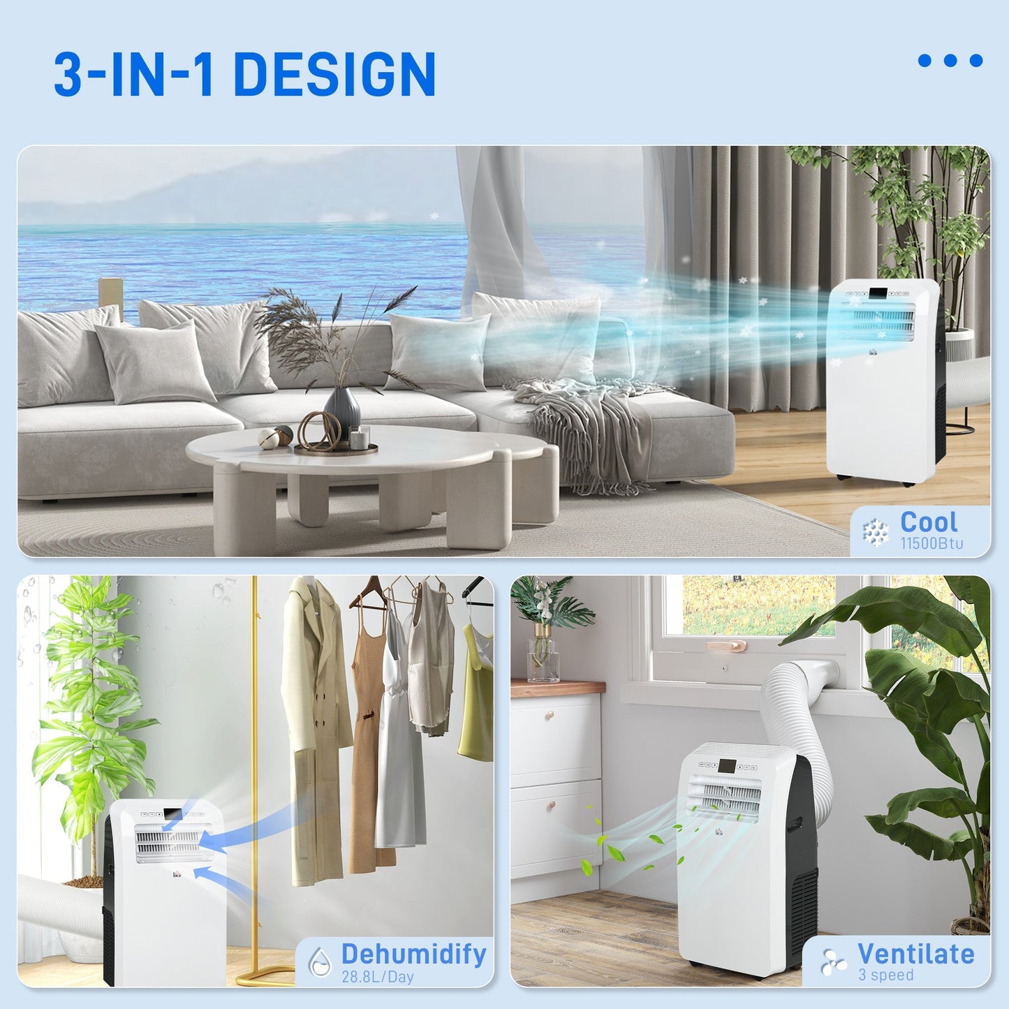 12000 BTU Portable Air Conditioner, 3-in-1 Air Conditioning Unit, Dehumidifier, Cooling Fan W/ Remote Control, 3 Speeds, 24H Timer On/Off