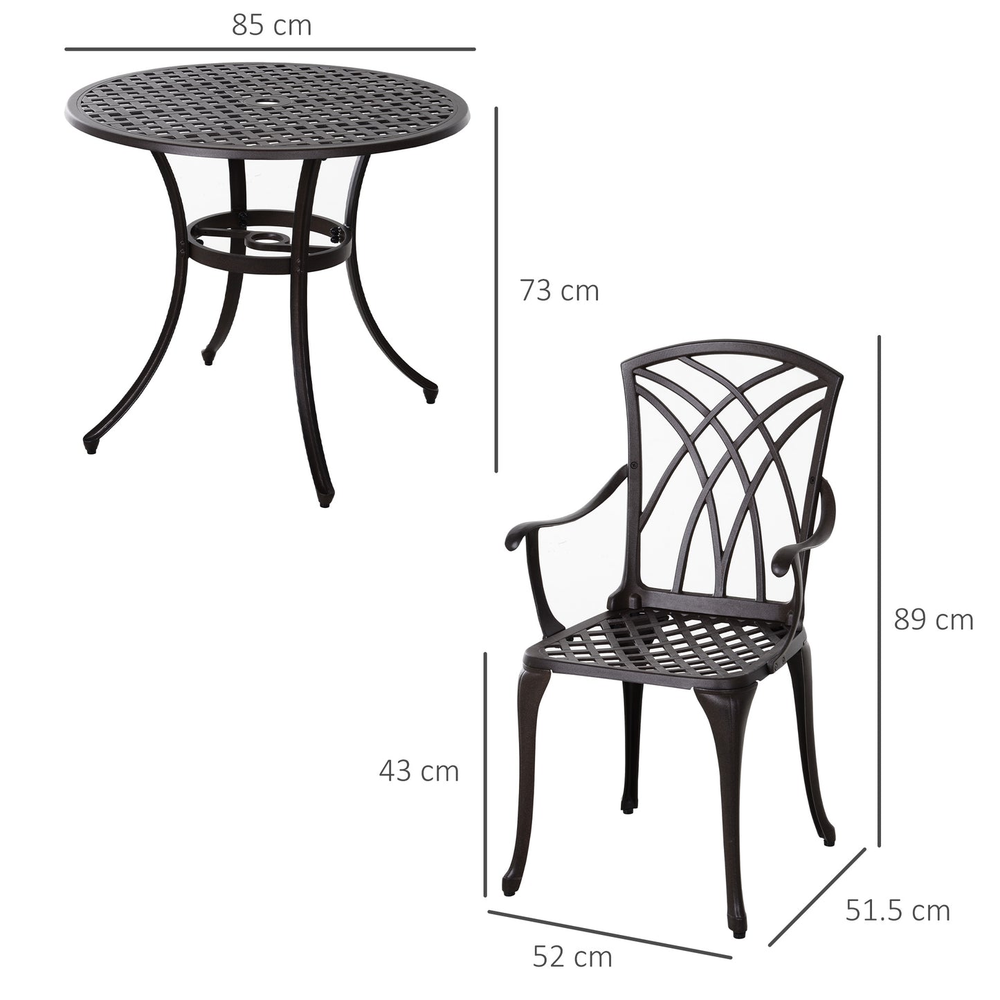Outsunny 5-częściowy zestaw ogrodowy dla 4 osób, zestaw ogrodowy z odlewanego aluminium z 4 fotelami i okrągłym stołem jadalnym z otworem na parasol, zestaw mebli ogrodowych, brązowy