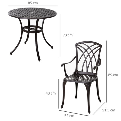 Outsunny 5-częściowy zestaw ogrodowy dla 4 osób, zestaw ogrodowy z odlewanego aluminium z 4 fotelami i okrągłym stołem jadalnym z otworem na parasol, zestaw mebli ogrodowych, brązowy