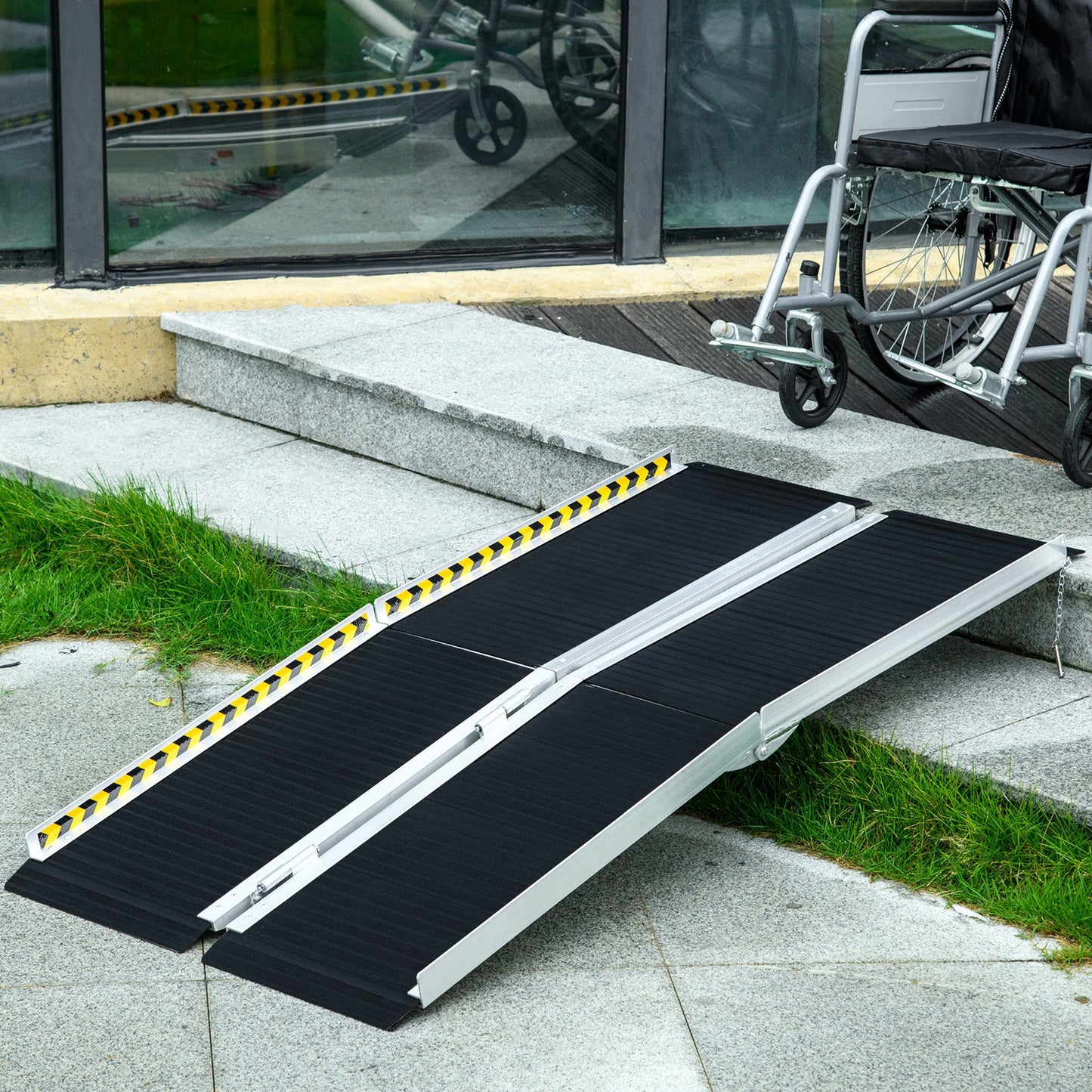 Wheelchair Ramp, 152L x 73Wcm, 272KG Capacity, Folding Aluminium Threshold Ramp w/ Non-Skid Surface, Transition Plates Above & Below for Steps