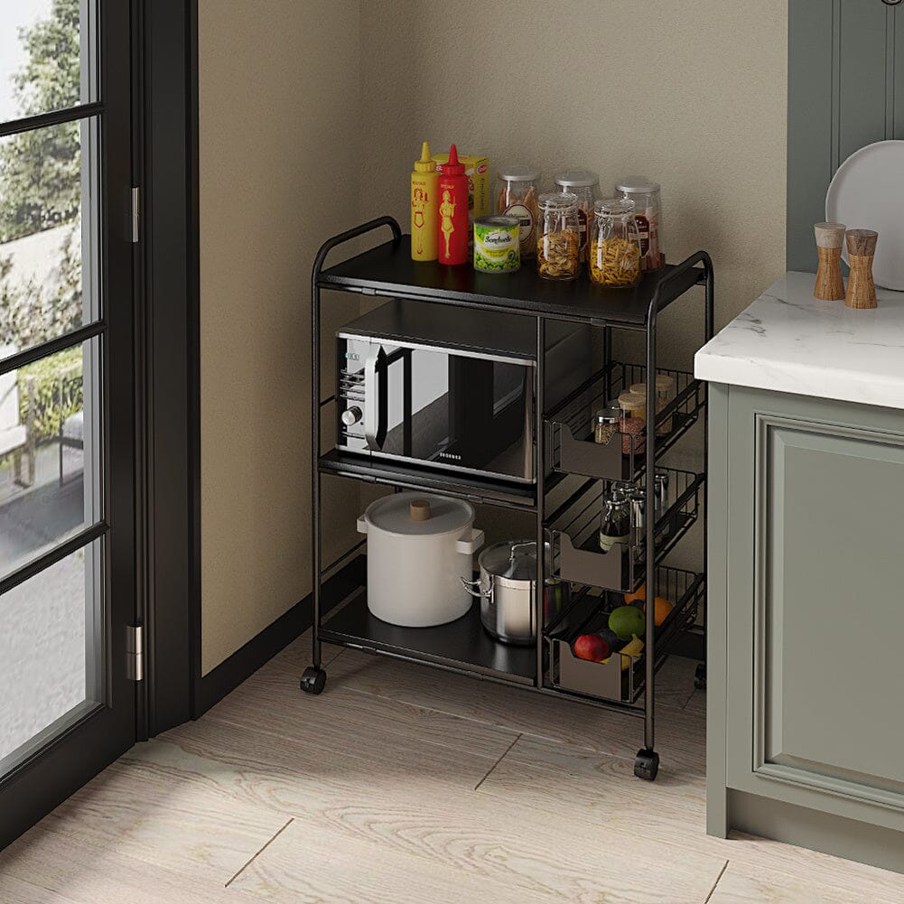 Sleek Black Microwave Rack with Four Tiers for Optimal Kitchen Organization