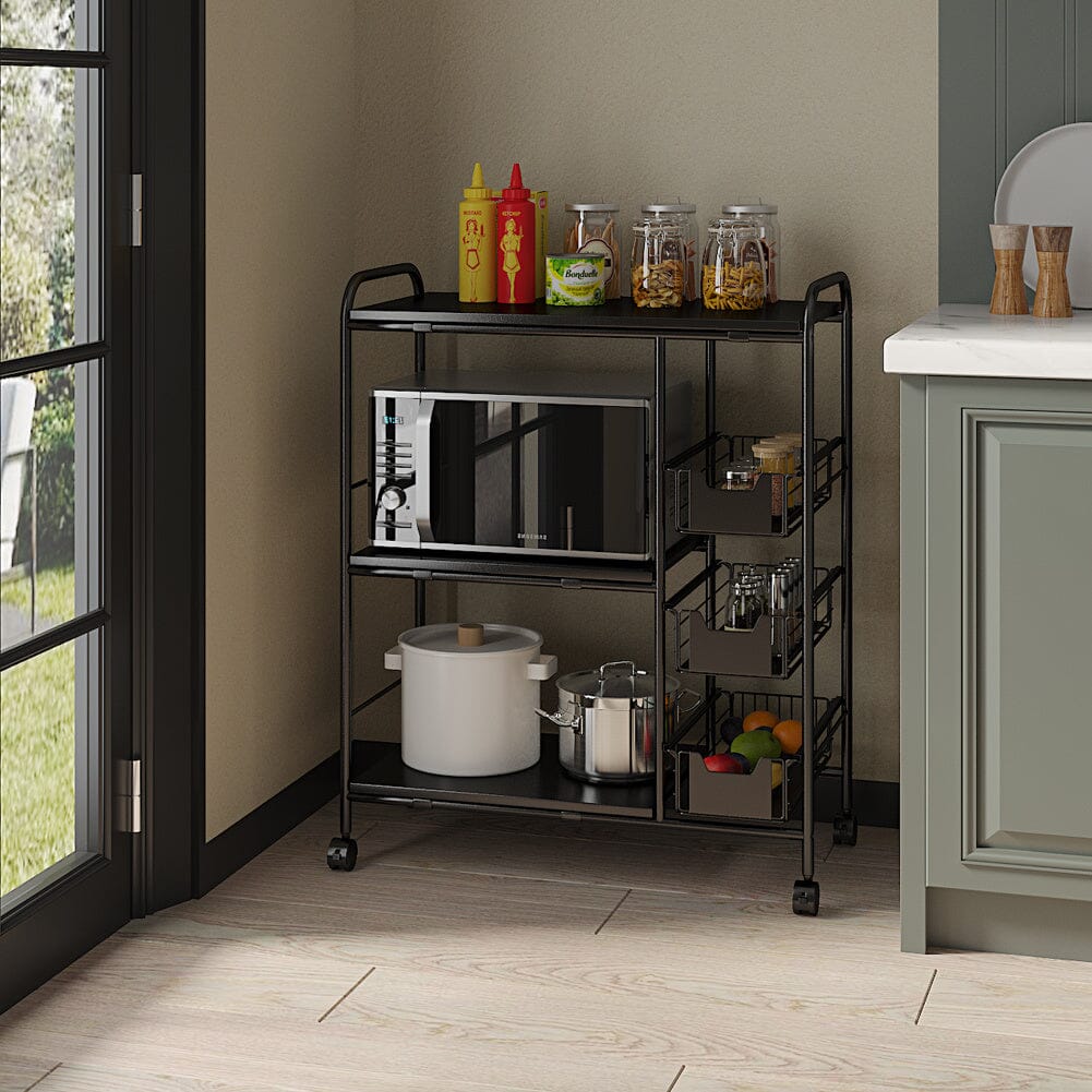 Sleek Black Microwave Rack with Four Tiers for Optimal Kitchen Organization