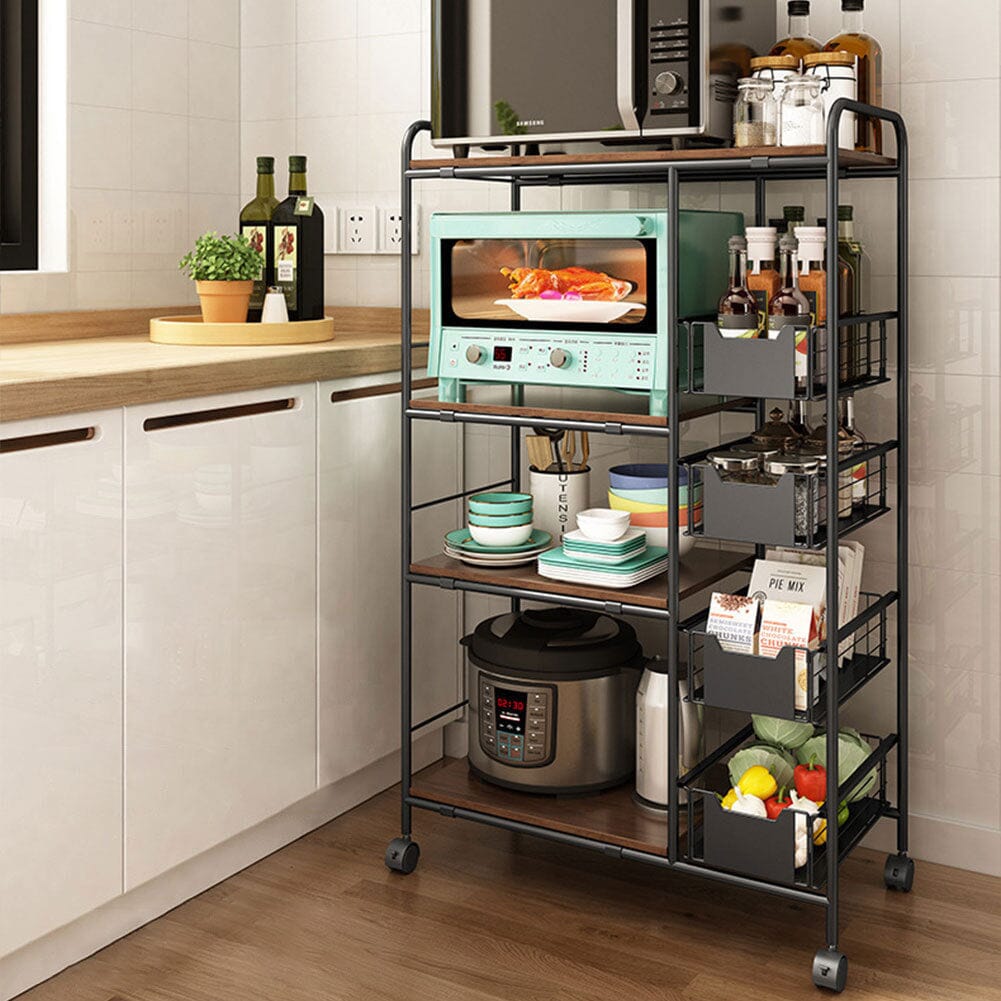 Sleek Black Microwave Rack with Four Tiers for Optimal Kitchen Organization