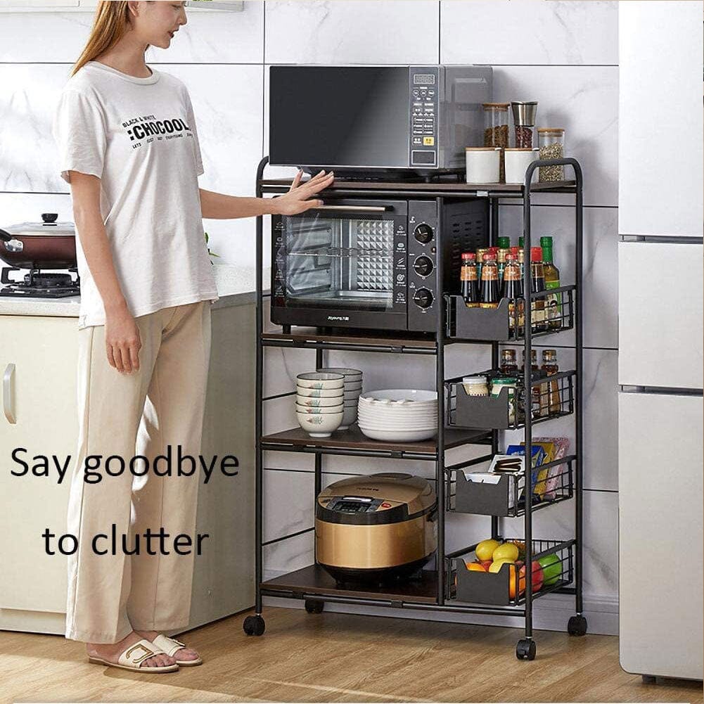 Sleek Black Microwave Rack with Four Tiers for Optimal Kitchen Organization