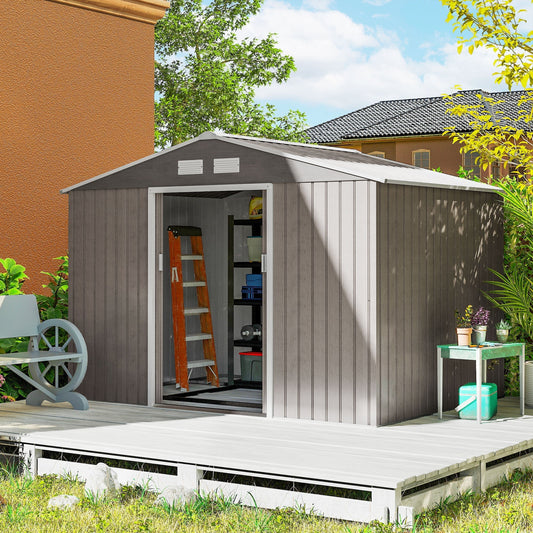 Outsunny 9 x 6ft Steel Garden Shed, Outdoor Storage Tool House with Vents, Foundation and Lockable Double Doors, Brown