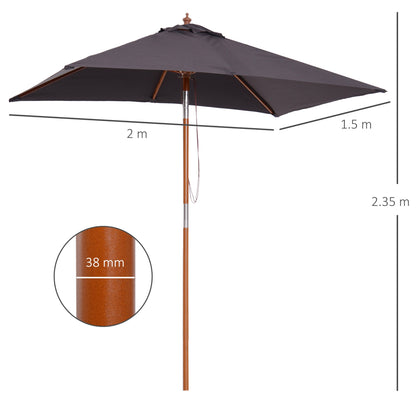 Outsunny 2m x 1.5m Garden Parasol Umbrella with Tilting Sunshade Canopy, Outdoor Market Table Umbrella with Wood and Bamboo Frame, Grey