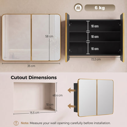 HOMCOM 76.2 x 11.6 x 61 cm Bathroom Mirror Cabinet, Wall Cabinet with Adjustable Shelves, Wall-Mounted or Recessed, Gold Tone
