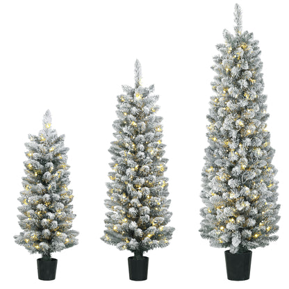 HOMCOM Prelit Snowy Flocked Artificial Christmas Tree Set of 3, Slim Xmas Tree with PVC Tips, 3FT+4FT+5FT