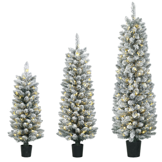 HOMCOM Prelit Snowy Flocked Artificial Christmas Tree Set in Green and White