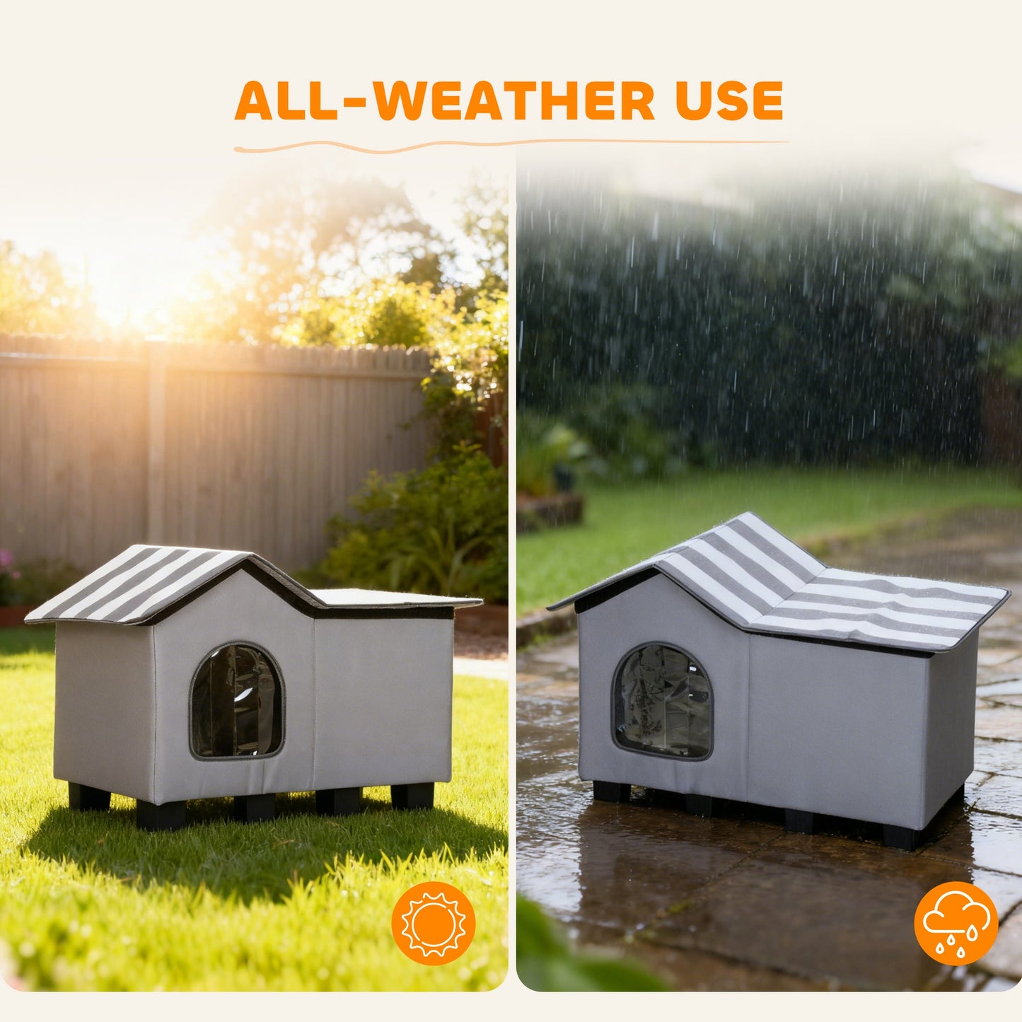 PawHut Outdoor Cat House, Weather Resistant Feral Cat Cave with Elevated Base and Cushion for Winter, Grey